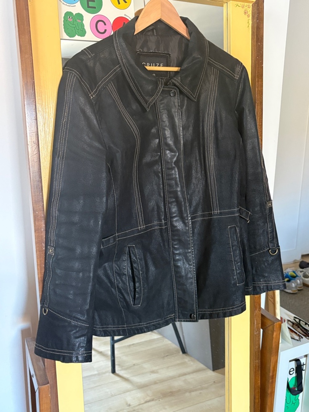 100% Leather Cruze Black Jacket with Contrast Stitching